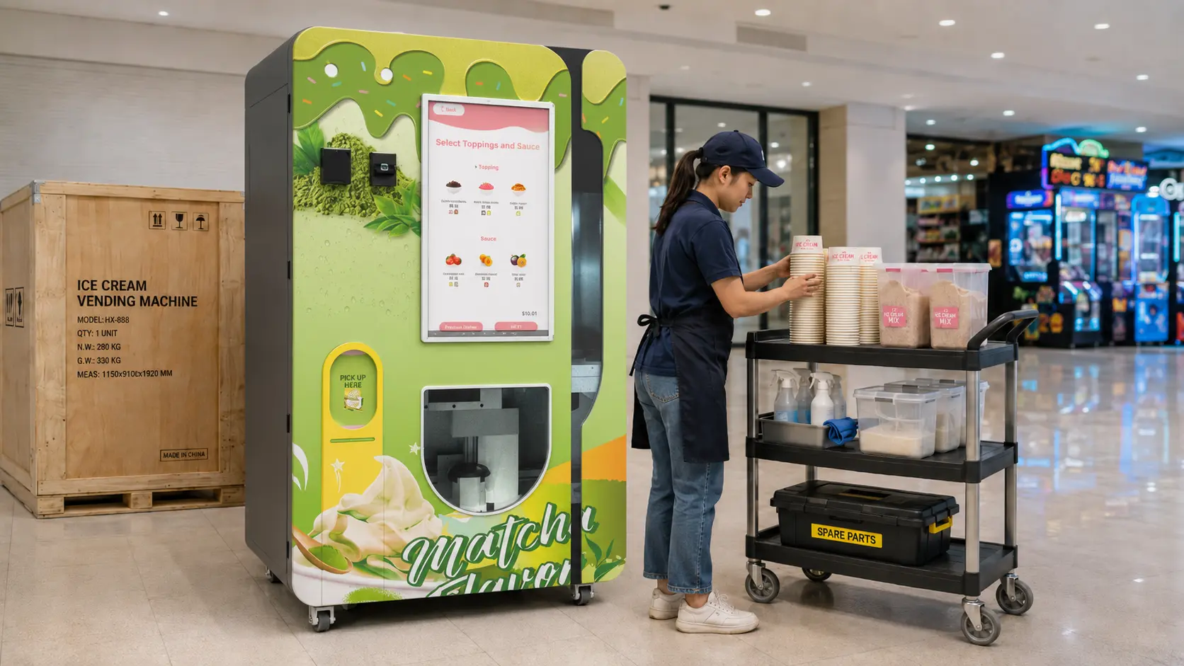 تكلفة آلة بيع الآيس كريم: آلة والشحن والمكونات والتشغيل